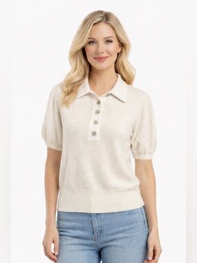 Cream Puff Sleeve Knit Polo Top Soft Cozy Minimalist Cropped Sweater Small
